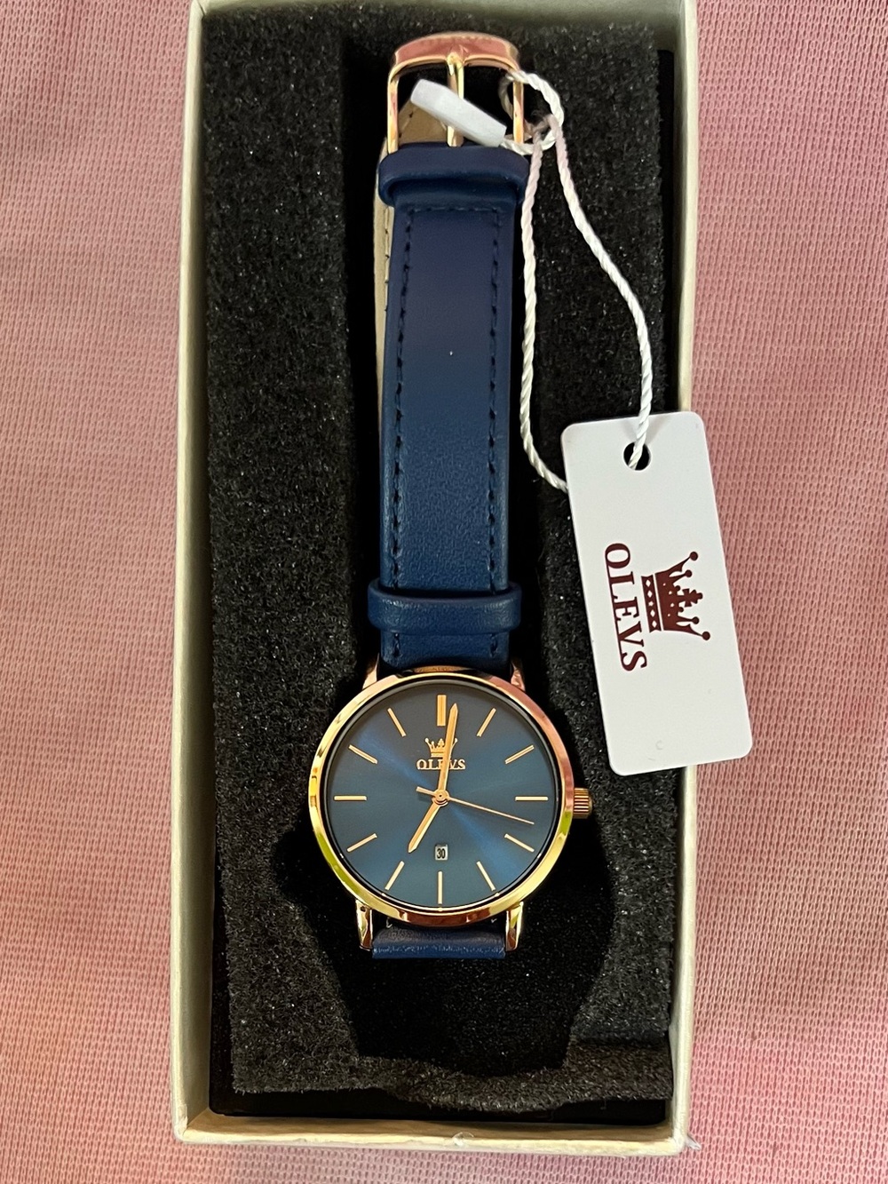 OLEVS Women's Blue Leather Strap Watch with Rose Gold Case